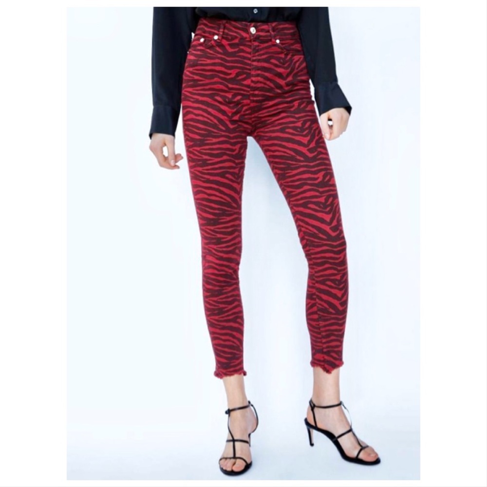 NWT Zara Red Zebra Printed High Rise Jeans